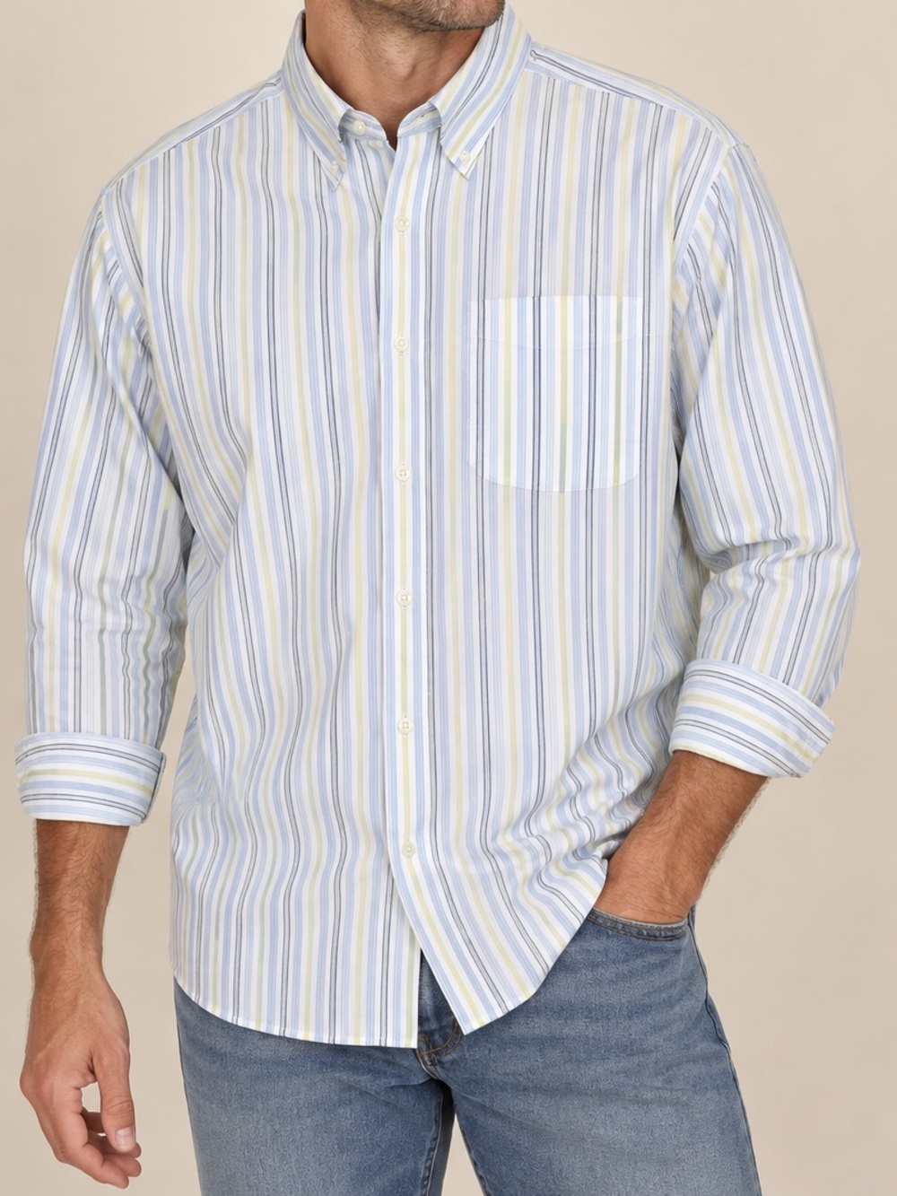 L.L. Bean | Men’s Light Blue & Yellow Striped Button-Down Shirt | NWOT